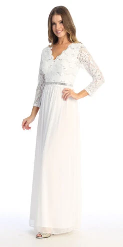Celavie 6527-L Long Sleeve Chiffon Dress V-Neckline(Celavie 6527l Long Sleeve Chiffon Dress V Neckline) -Dress Promotion Store 6527 LOffWhiteL