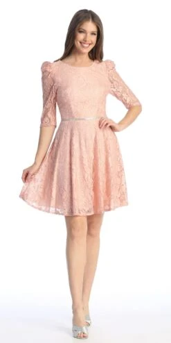 Celavie 6530-S Short A-Line Lace Dress With Mid-Length Sleeves(Celavie 6530s Short A Line Lace Dress With Mid Length Sleeves) -Dress Promotion Store 6530 SBlush 302dabe5 ce63 4e94 8005 93abebea40b8