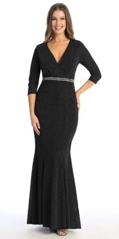Celavie 6532-L Long Fitted Sheath Glitter Knit Dress V-Neckline(Celavie 6532 L Long Fitted Sheath Glitter Knit Dress V Neckline) -Dress Promotion Store 6532 L celavie black