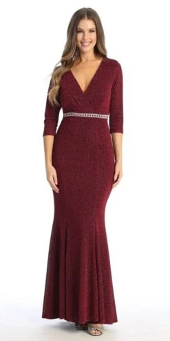 Celavie 6532-L Long Fitted Sheath Glitter Knit Dress V-Neckline(Celavie 6532 L Long Fitted Sheath Glitter Knit Dress V Neckline)