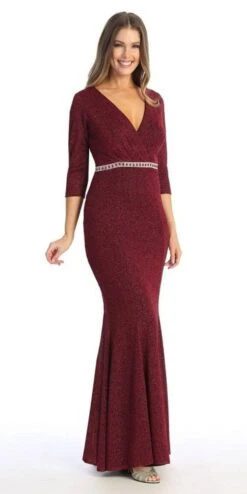 Celavie 6532-L Long Fitted Sheath Glitter Knit Dress V-Neckline(Celavie 6532 L Long Fitted Sheath Glitter Knit Dress V Neckline) -Dress Promotion Store 6532 L celavie burgundy side right