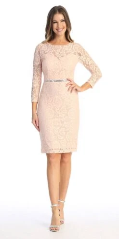 Celavie 6536-S Short Lace Dress Long Sleeves With Rhinestones(Celavie 6536s Short Lace Dress Long Sleeves With Rhinestones) -Dress Promotion Store 6536 SBlush