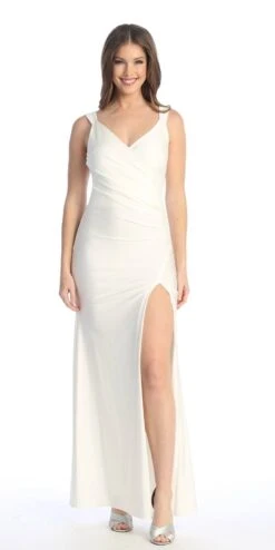 Celavie 6540-L Long Column Gown Ruched Bodice With Slit(Celavie 6540l Long Column Gown Ruched Bodice With Slit) -Dress Promotion Store 6540 LOffWhite