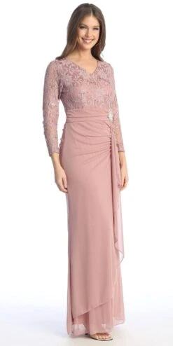 Celavie 6549-L Lace Long Sleeve V-Neck Ruffled Dress With Brooch(Celavie 6549 Lace Long Sleeve V Neck Ruffled Dress With Brooch) -Dress Promotion Store 6549 LMauve1