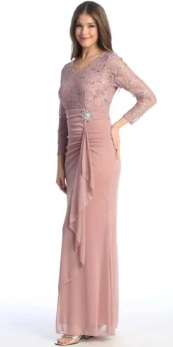 Celavie 6549-L Lace Long Sleeve V-Neck Ruffled Dress With Brooch(Celavie 6549 Lace Long Sleeve V Neck Ruffled Dress With Brooch) -Dress Promotion Store 6549 LMauve2