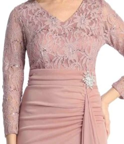 Celavie 6549-L Lace Long Sleeve V-Neck Ruffled Dress With Brooch(Celavie 6549 Lace Long Sleeve V Neck Ruffled Dress With Brooch) -Dress Promotion Store 6549 LMauveD