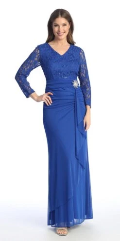 Celavie 6549-L Lace Long Sleeve V-Neck Ruffled Dress With Brooch(Celavie 6549 Lace Long Sleeve V Neck Ruffled Dress With Brooch) -Dress Promotion Store 6549 LRoyal