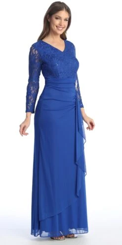 Celavie 6549-L Lace Long Sleeve V-Neck Ruffled Dress With Brooch(Celavie 6549 Lace Long Sleeve V Neck Ruffled Dress With Brooch) -Dress Promotion Store 6549 LRoyal1