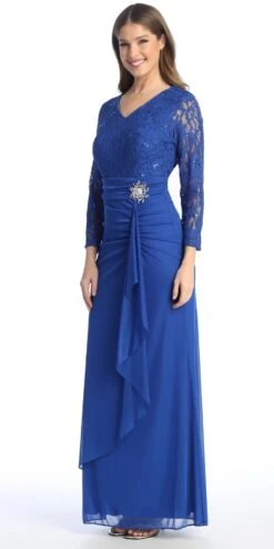 Celavie 6549-L Lace Long Sleeve V-Neck Ruffled Dress With Brooch(Celavie 6549 Lace Long Sleeve V Neck Ruffled Dress With Brooch) -Dress Promotion Store 6549 LRoyal2
