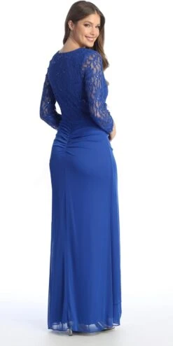 Celavie 6549-L Lace Long Sleeve V-Neck Ruffled Dress With Brooch(Celavie 6549 Lace Long Sleeve V Neck Ruffled Dress With Brooch) -Dress Promotion Store 6549 LRoyal3