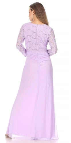Celavie 6549-L Lace Long Sleeve V-Neck Ruffled Dress With Brooch(Celavie 6549 Lace Long Sleeve V Neck Ruffled Dress With Brooch) -Dress Promotion Store 6549 LILAC D 0