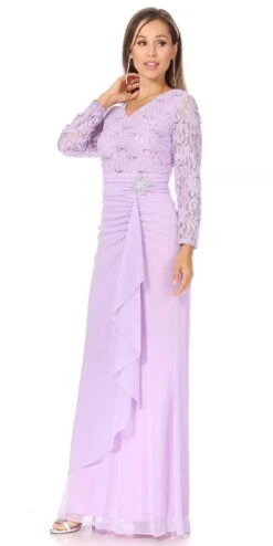 Celavie 6549-L Lace Long Sleeve V-Neck Ruffled Dress With Brooch(Celavie 6549 Lace Long Sleeve V Neck Ruffled Dress With Brooch) -Dress Promotion Store 6549 LILAC D 1