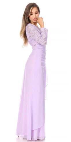 Celavie 6549-L Lace Long Sleeve V-Neck Ruffled Dress With Brooch(Celavie 6549 Lace Long Sleeve V Neck Ruffled Dress With Brooch) -Dress Promotion Store 6549 LILAC D 2