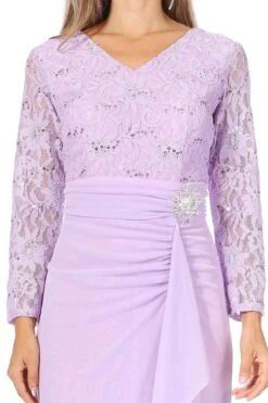 Celavie 6549-L Lace Long Sleeve V-Neck Ruffled Dress With Brooch(Celavie 6549 Lace Long Sleeve V Neck Ruffled Dress With Brooch) -Dress Promotion Store 6549 LILAC D 3