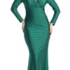 Celavie 6551-L Fitted Mermaid Ruched Long Sleeve Dress(Celavie 6551l Fitted Mermaid Ruched Long Sleeve Dress) -Dress Promotion Store 6551 LHunterGreen