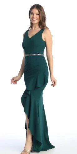 Celavie 6554-L Long Fitted Sleeveless Dress Ruffled Slit(Celavie 6554 L Long Fitted Sleeveless Dress Ruffled Slit) -Dress Promotion Store 6554 LHGreen2