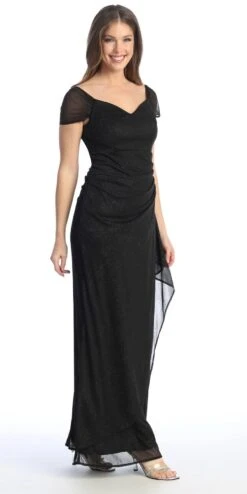 Celavie 6565-L Long Column Gathered Waistline Short Cap Sleeve Dress(Celavie 6565 L Long Column Gathered Waistline Short Cap Sleeve Dress) -Dress Promotion Store 6565 LBlack1