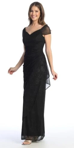 Celavie 6565-L Long Column Gathered Waistline Short Cap Sleeve Dress(Celavie 6565 L Long Column Gathered Waistline Short Cap Sleeve Dress) -Dress Promotion Store 6565 LBlack2