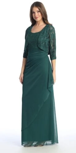 Celavie 6570-L Full Length Chiffon Lace Bodice Evening Dress With Bolero Jacket(Celavie 6570 L Full Length Chiffon Lace Bodice Evening Dress With Bolero Jacket) -Dress Promotion Store 6570 LHGreen2
