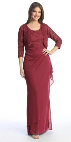 Celavie 6570-L Full Length Chiffon Lace Bodice Evening Dress With Bolero Jacket(Celavie 6570 L Full Length Chiffon Lace Bodice Evening Dress With Bolero Jacket) -Dress Promotion Store 6570L burgundy