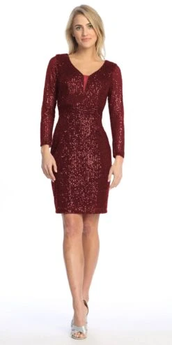 Celavie 6571-S Short Cocktail Sequin Dress Long Sleeves V-Neck(Celavie 6571 S Short Cocktail Sequin Dress Long Sleeves V Neck) -Dress Promotion Store 6571 S BURGUNDY