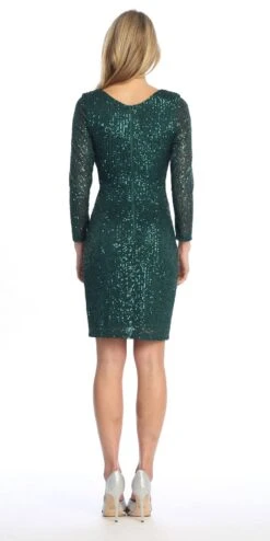 Celavie 6571-S Short Cocktail Sequin Dress Long Sleeves V-Neck(Celavie 6571 S Short Cocktail Sequin Dress Long Sleeves V Neck) -Dress Promotion Store 6571 S Hunter Green Back