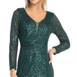 Celavie 6571-S Short Cocktail Sequin Dress Long Sleeves V-Neck(Celavie 6571 S Short Cocktail Sequin Dress Long Sleeves V Neck) -Dress Promotion Store 6571 S Hunter Green Detail