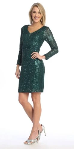 Celavie 6571-S Short Cocktail Sequin Dress Long Sleeves V-Neck(Celavie 6571 S Short Cocktail Sequin Dress Long Sleeves V Neck) -Dress Promotion Store 6571 S Hunter Green Left