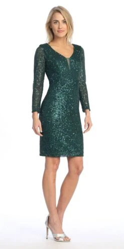 Celavie 6571-S Short Cocktail Sequin Dress Long Sleeves V-Neck(Celavie 6571 S Short Cocktail Sequin Dress Long Sleeves V Neck) -Dress Promotion Store 6571 S Hunter Green Right