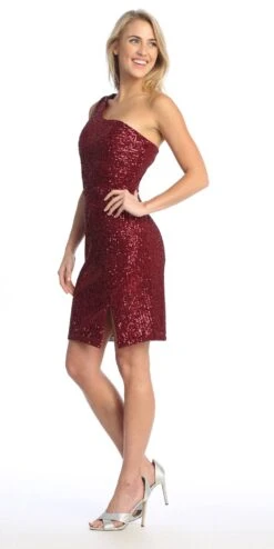 Celavie 6582-S Short Sleeveless One Shoulder Sequin Dress With Slit(Celavie 6582 S Short Sleeveless One Shoulder Sequin Dress With Slit) -Dress Promotion Store 6582 SBurgLeft