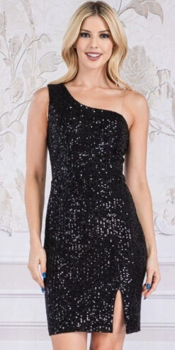 Celavie 6582-S Short Sleeveless One Shoulder Sequin Dress With Slit(Celavie 6582 S Short Sleeveless One Shoulder Sequin Dress With Slit) -Dress Promotion Store 6582 S celavie black zoom