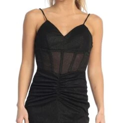 Celavie 6593-L Long Fitted Corset Bodice Ruched Leg Slit Glitter Gown(Celavie 6593 L Long Fitted Corset Bodice Ruched Leg Slit Glitter Gown) -Dress Promotion Store 6593 LBlackDetail