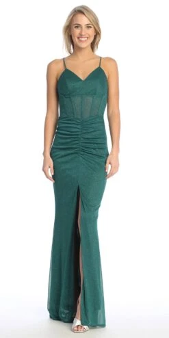 Celavie 6593-L Long Fitted Corset Bodice Ruched Leg Slit Glitter Gown(Celavie 6593 L Long Fitted Corset Bodice Ruched Leg Slit Glitter Gown) -Dress Promotion Store 6593 LHGreen