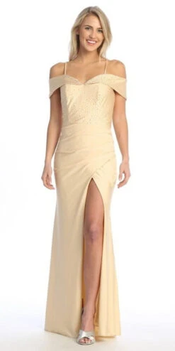 Celavie 6597-L Cold-Shoulder Fitted Satin Long Evening Gown(Celavie 6597 L Cold Shoulder Fitted Satin Long Evening Gown)