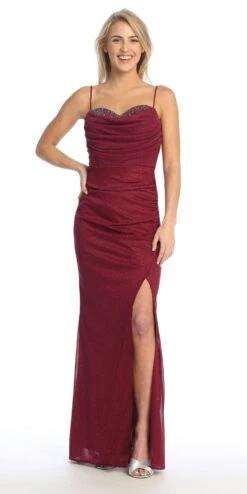 Celavie 6603-L Long Sweetheart Fitted Pleated Cowl Neck Glitter Gown(Celavie 6603 L Long Sweetheart Fitted Pleated Cowl Neck Glitter Gown)