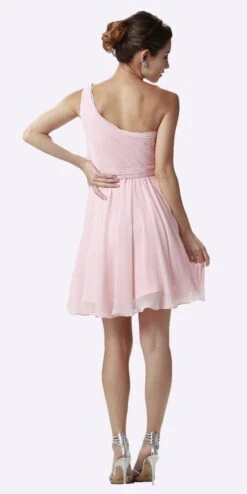 Poly USA | Ed Young 6746 One Shoulder Chiffon Short Dress Ruched Bodice(One Shoulder Chiffon Short Orange Coral Bridesmaid Dress Ruched Bodice) -Dress Promotion Store 6746 poly usa blush back