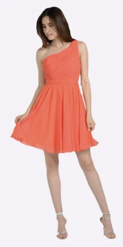 Poly USA | Ed Young 6746 One Shoulder Chiffon Short Dress Ruched Bodice(One Shoulder Chiffon Short Orange Coral Bridesmaid Dress Ruched Bodice)