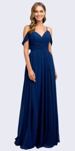 Juliet 676 Cold-Shoulder Formal A-line Dress(Floor Length Navy Blue Cold Shoulder Semi Formal A Line Dress)