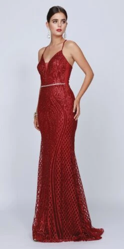 Juliet 681 Long Sequin Prom Dress With Strappy Back(Burgundy Long Sequin Prom Dress With Strappy Back)