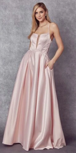 Juliet 687 Long Shiny Satin A-line Prom Gown With Pockets(Long Shiny Satin A Line Prom Gown Royal Blue With Pockets) -Dress Promotion Store 687 Blue Front