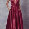 Juliet 691 Floor Length Dress A-Line Cut-Out Bow Back(Floor Length Blush Prom Dress A Line Cut Out Bow Back) -Dress Promotion Store 691 Burgundy Front