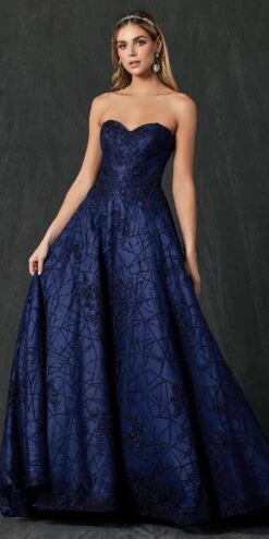 Juliet 692 Long Embroidered Lace Ball Gown Dress With Arm Band(Long Embroidered Lace Ball Gown Dress Navy Blue With Arm Band) -Dress Promotion Store 692 navy