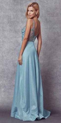 Juliet 699 Metallic Glitter Dress Embellished Bodice V-Neck Sleeveless(Metallic Glitter Rose Gold Prom Dress Embellished Bodice V Neck Sleeveless) -Dress Promotion Store 699 IceBlue Back