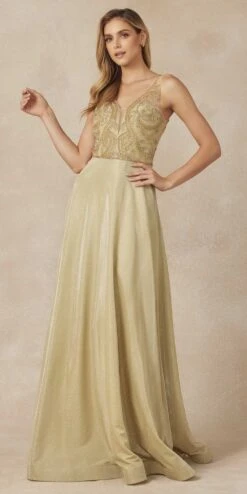 Juliet 699 Metallic Glitter Dress Embellished Bodice V-Neck Sleeveless(Metallic Glitter Rose Gold Prom Dress Embellished Bodice V Neck Sleeveless)