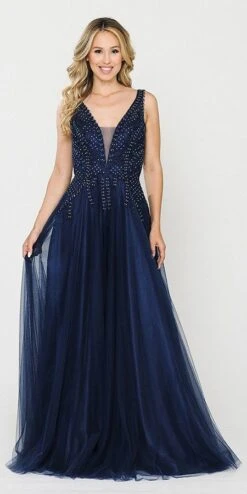 J&J Fashion 7001 V-Neck Embellished Long Prom Dress(Navy Blue V Neck Embellished Long Prom Dress)