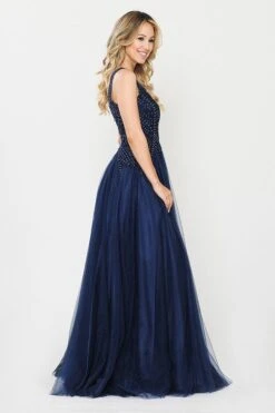 J&J Fashion 7001 V-Neck Embellished Long Prom Dress(Navy Blue V Neck Embellished Long Prom Dress) -Dress Promotion Store 7001 jj fashion navy blue side