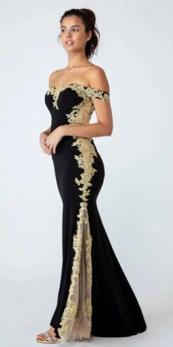 Eureka 7006 Off-Shoulder Long Mermaid Dress With Lace Trim(Burgundy Gold Off Shoulder Long Prom Dress With Lace Trim) 15 Eureka 7006 Off-Shoulder Long Mermaid Dress With Lace Trim(Burgundy Gold Off Shoulder Long Prom Dress With Lace Trim) -Dress Promotion Store 7006BlackGold 2