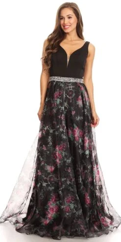 Eureka 7020 Floral Printed Gown V-Neck Embellished Waist(Black Floor Length Floral Printed Prom Gown V Neck Embellished Waist) -Dress Promotion Store 7020 eureka black