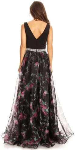 Eureka 7020 Floral Printed Gown V-Neck Embellished Waist(Black Floor Length Floral Printed Prom Gown V Neck Embellished Waist) -Dress Promotion Store 7020 eureka black back