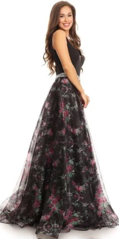 Eureka 7020 Floral Printed Gown V-Neck Embellished Waist(Black Floor Length Floral Printed Prom Gown V Neck Embellished Waist) -Dress Promotion Store 7020 eureka black left view